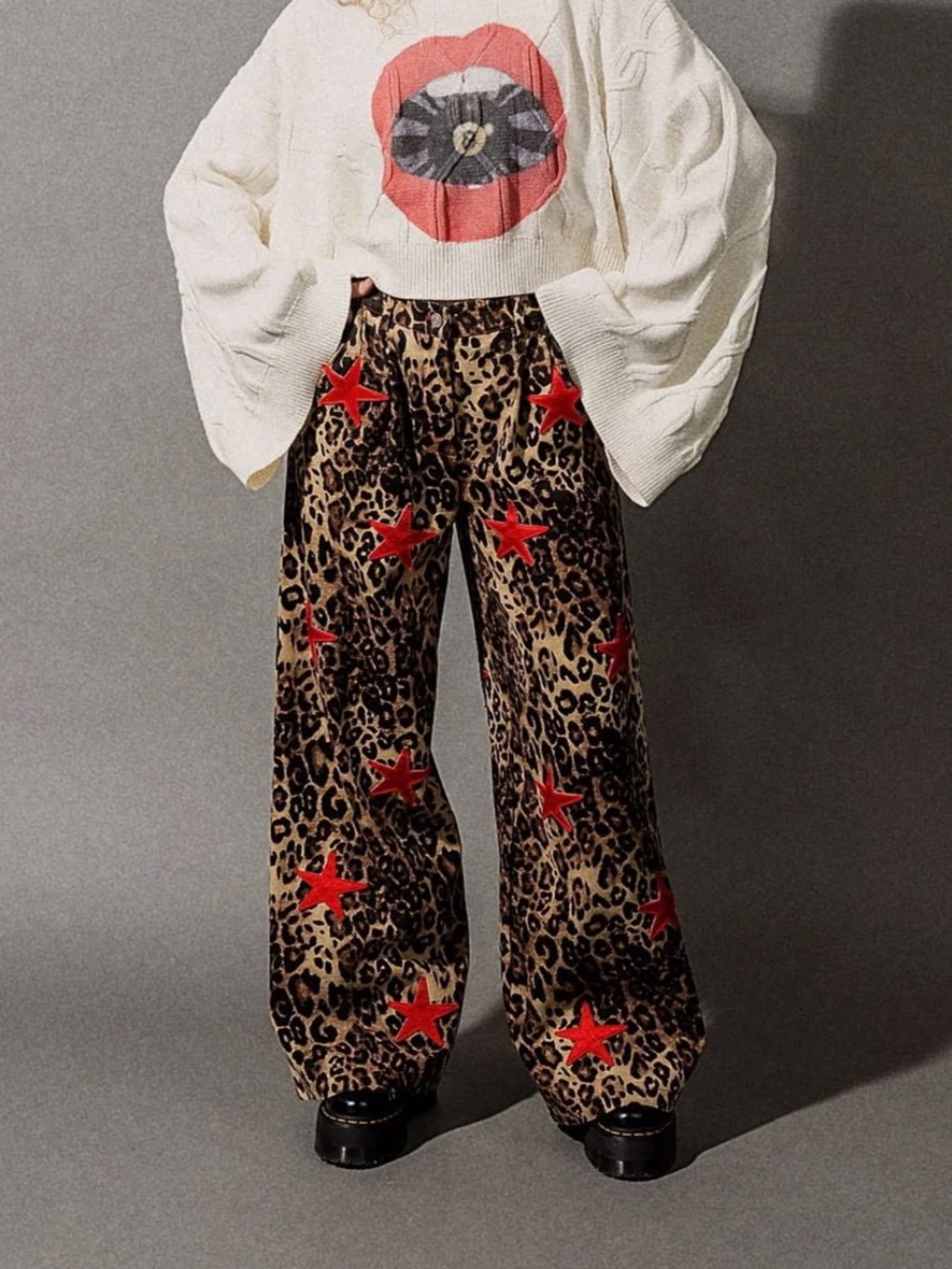 Dressed in lala Star Girl Rising Denim Trousers Leopard Print Wide-Leg Pants, S